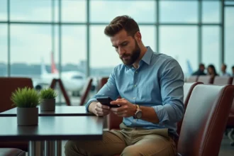 Homme barbu en voyage dans un lounge aéroport