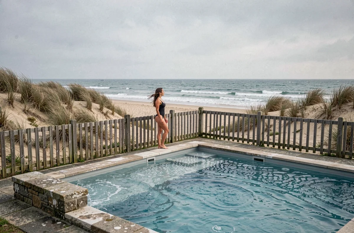 Piscine extérieure de l'Hôtel de la Plage à Sainte-Anne-la-Palud face à l'océan Atlantique