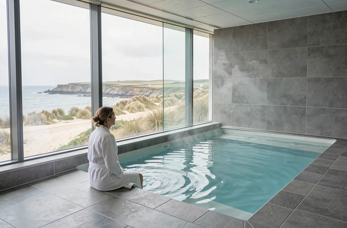 Piscine spa marin de l'hôtel Baie des Anges à Landéda avec vue sur l'estuaire de l'Aber Wrac'h