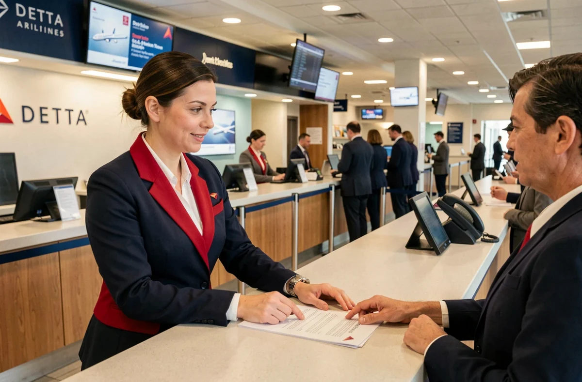 Hôtesse Delta Airlines au comptoir de service client pour une demande d'indemnisation de vol