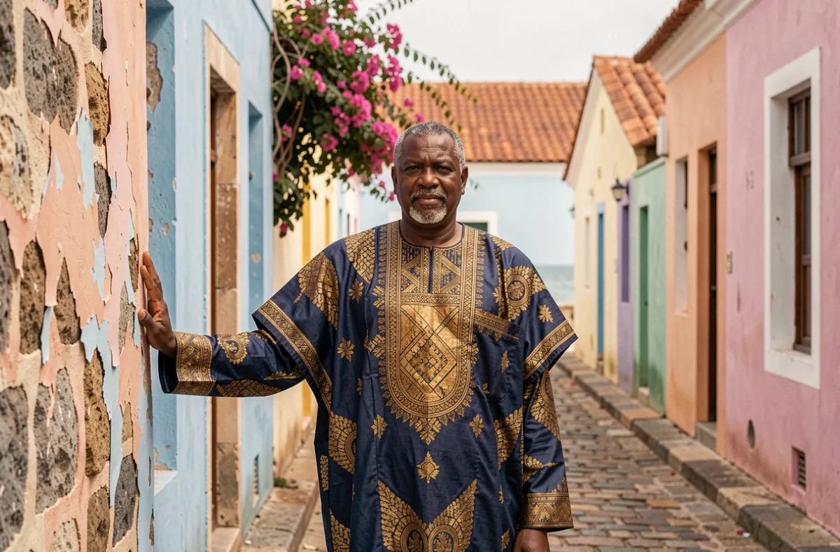 Homme sénégalais en boubou traditionnel dans une ruelle colorée de l'île de Gorée au Sénégal