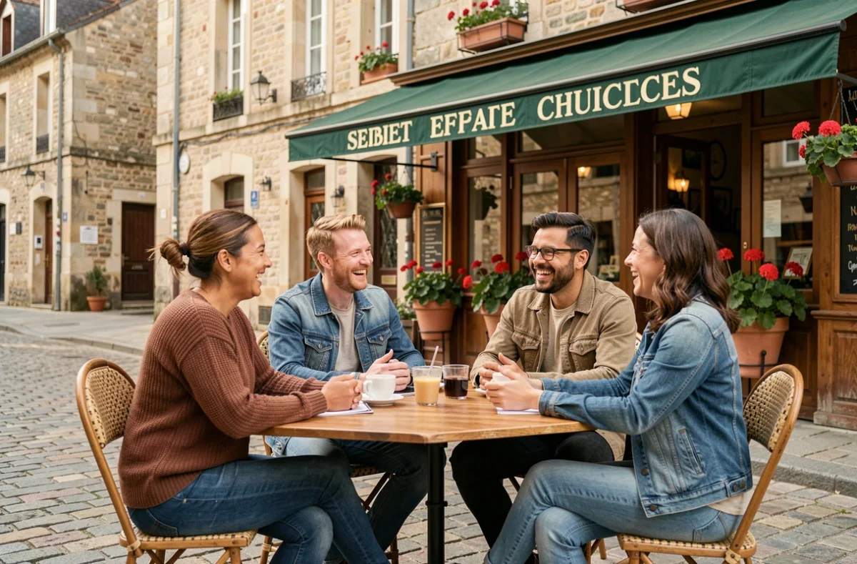 Groupe d'apprenants adultes pratiquant le français en immersion dans un village français authentique