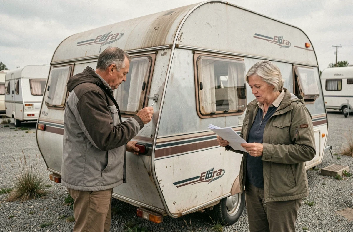 Couple inspectant une caravane Eriba Touring d'occasion chez un vendeur, modèle emblématique à carrosserie aluminium arrondie