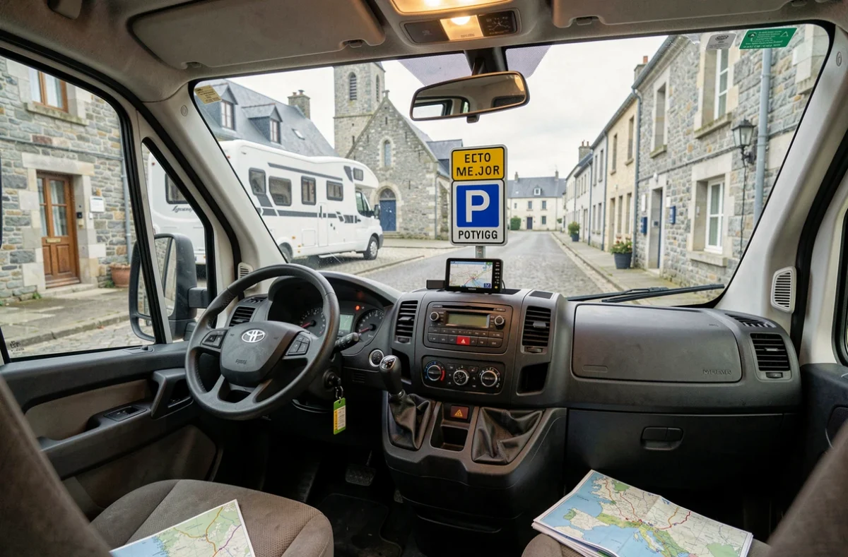 Vue depuis l'intérieur d'un camping-car vers un panneau de stationnement dans une rue de Guingamp avec architecture bretonne en arrière-plan