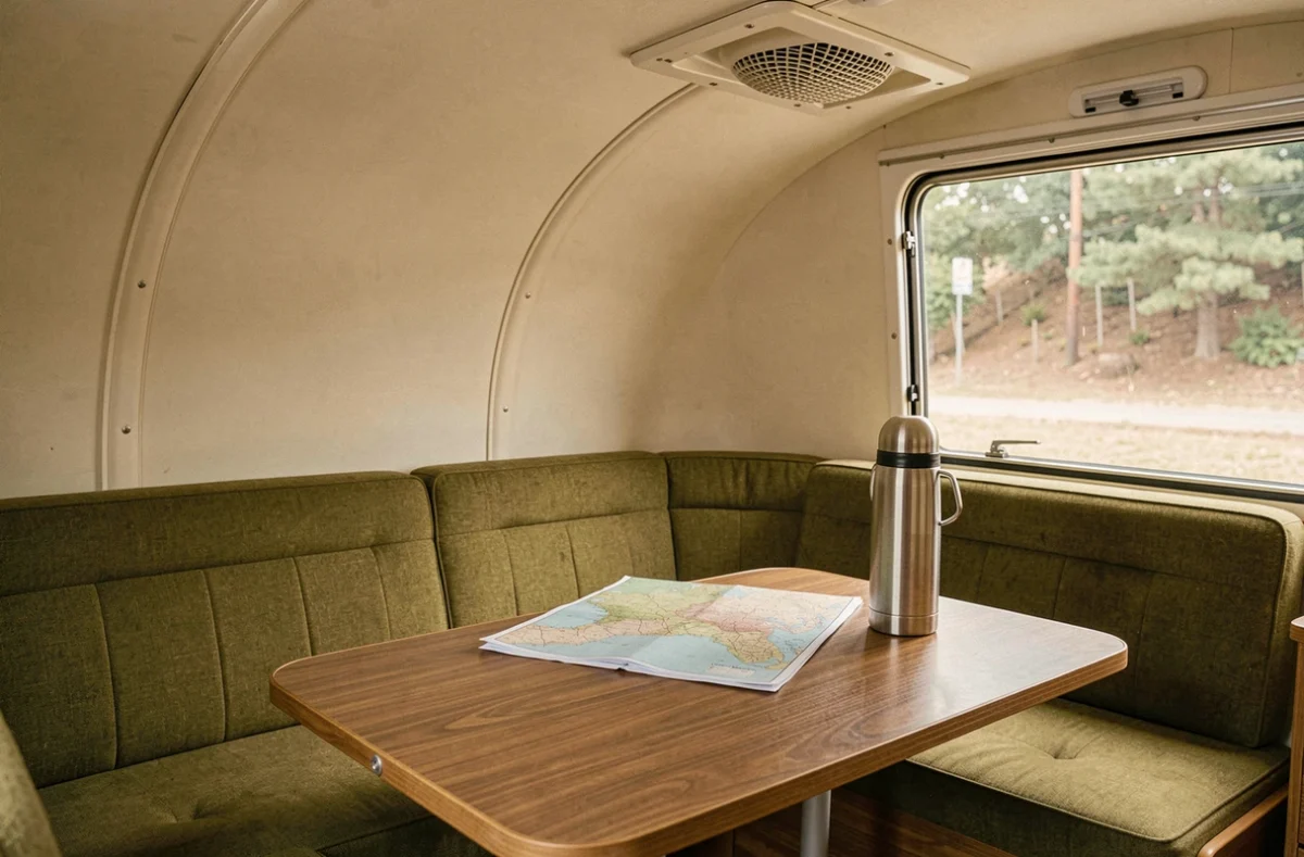 Intérieur restauré d'une caravane Eriba Triton d'occasion avec banquette verte et table en stratifié, ambiance vintage années 70