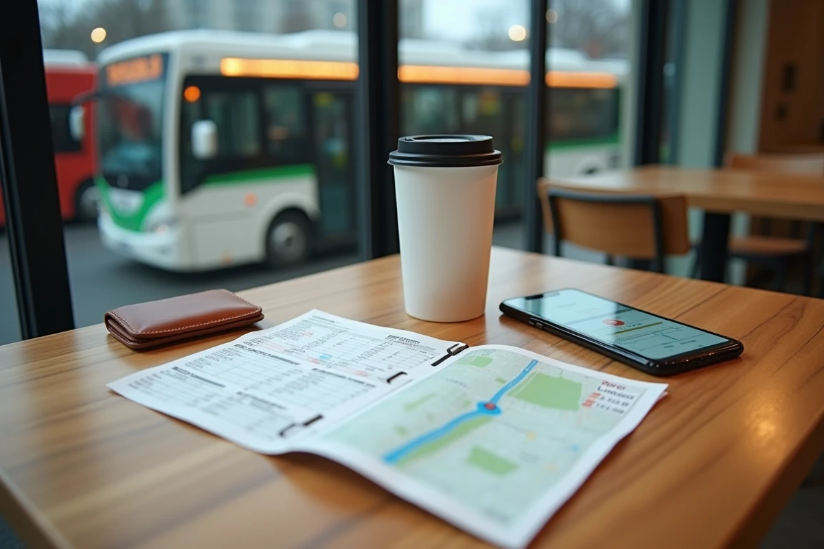 Vue de dessus d'un itinéraire de bus imprimé et d'une application de cartographie sur smartphone posés sur une table de café