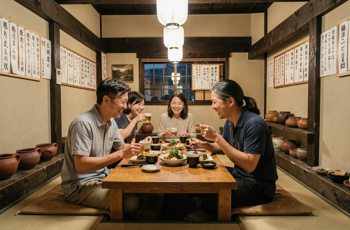 Groupe d'amis partageant un repas traditionnel japonais dans une izakaya authentique du village de Nozawa Onsen
