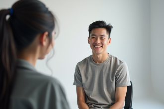 Jeune adulte posant pour photo passeport en studio moderne