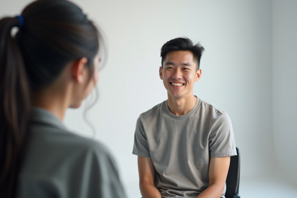 Jeune adulte posant pour photo passeport en studio moderne
