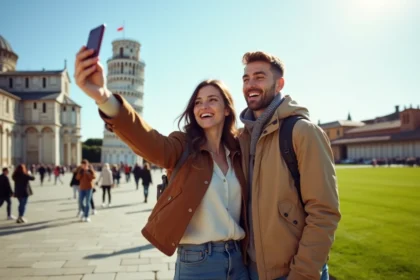 Jeune couple souriant devant la tour de Pise en selfie