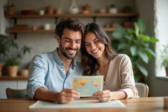 Jeune couple souriant avec carte voyage dans un intérieur cosy