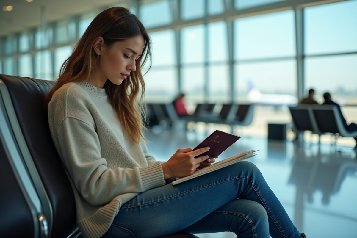 Jeune femme regardant son passeport dans la salle d