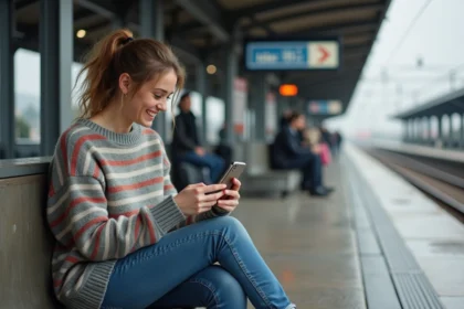 Jeune femme souriante utilisant son smartphone à la gare de Nantes