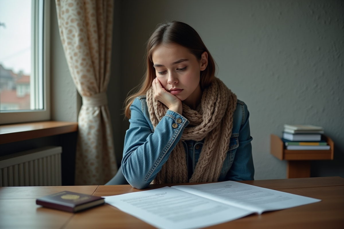 Jeune femme en denim regarde son passeport et lettre visa