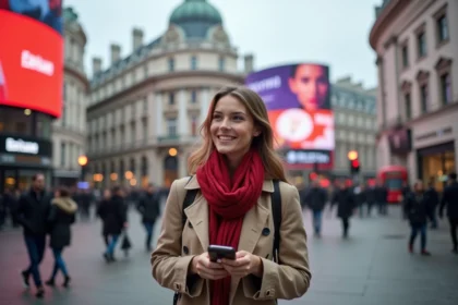 Jeune femme souriante en trench beige à Piccadilly Circus