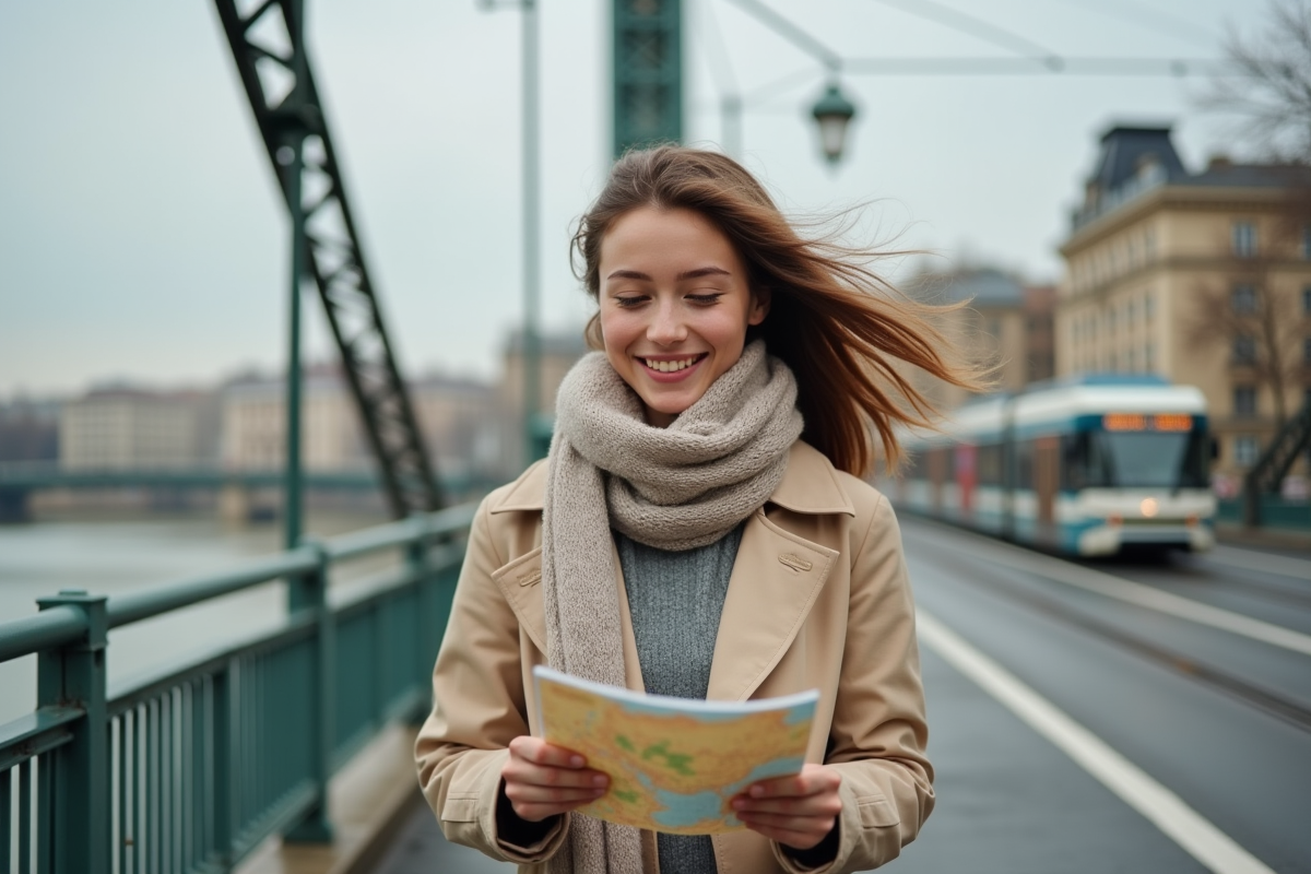 Jeune femme souriante sur le pont Liberty à Budapest