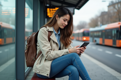 Jeune femme en bus stop compare apps transport