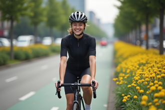 Jeune femme souriante en vélo urbain moderne