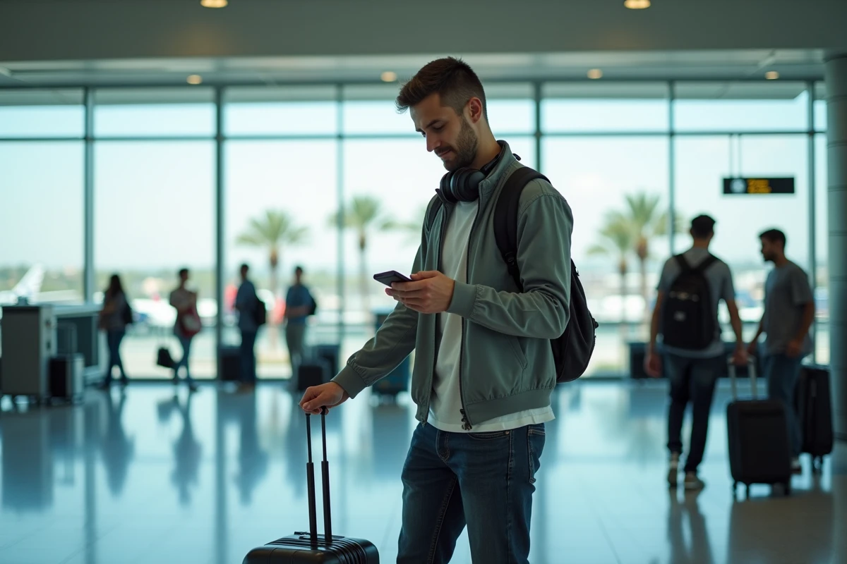 Jeune homme dans un terminal aéroport en attente