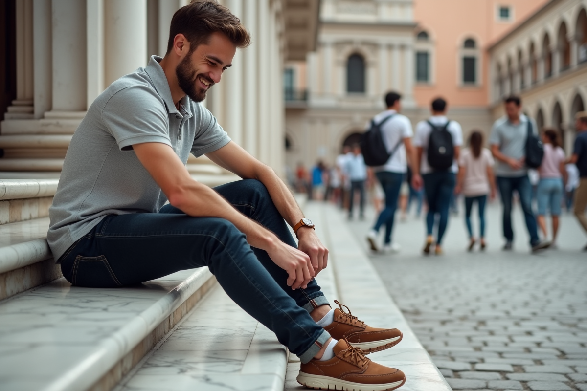 Jeune homme assis sur des escaliers en face d