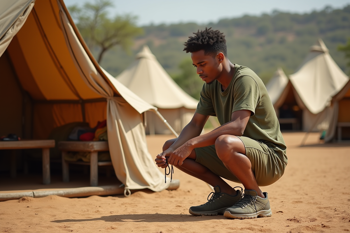 Jeune homme examinant ses chaussures dans un camp africain