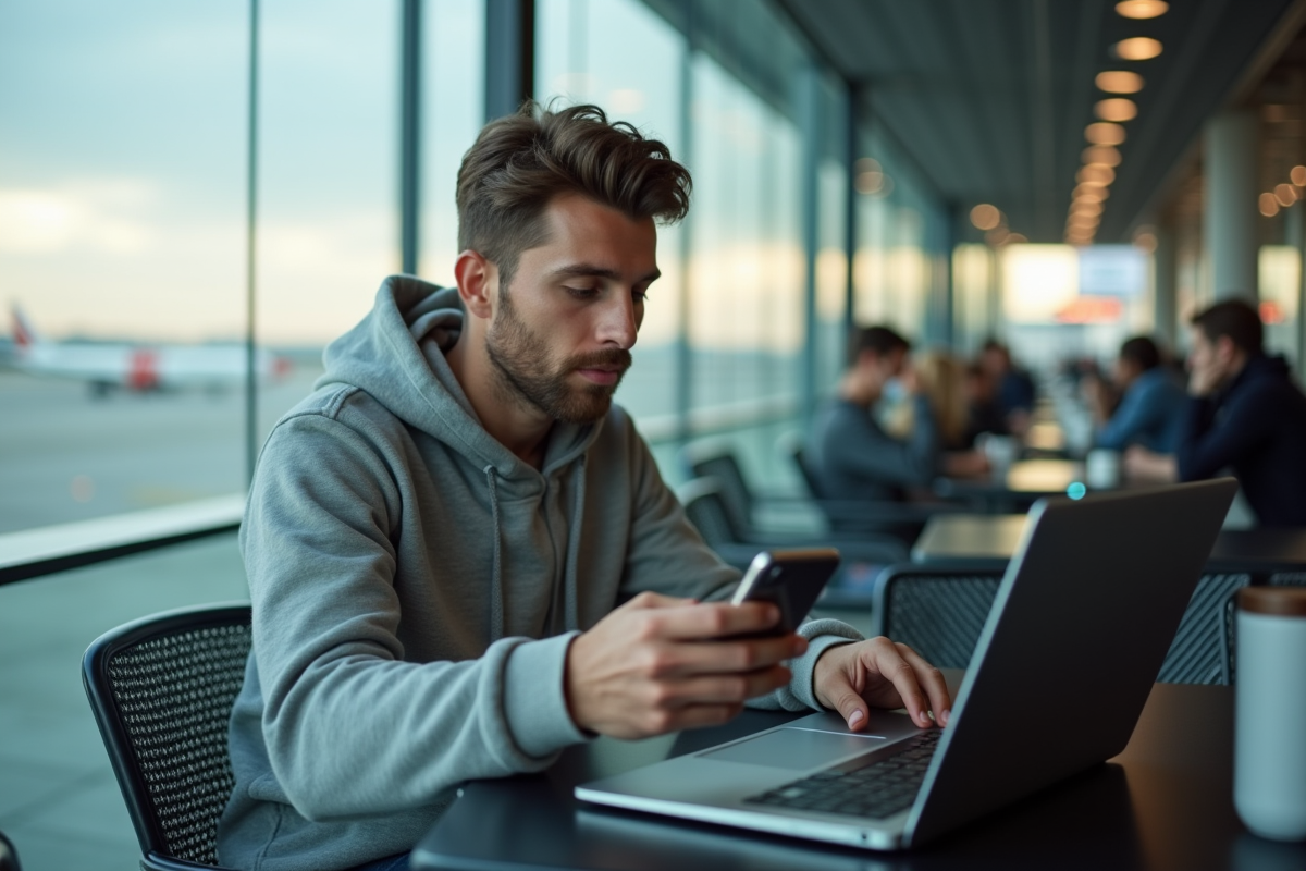 Jeune homme détendu regardant son smartphone au café de l