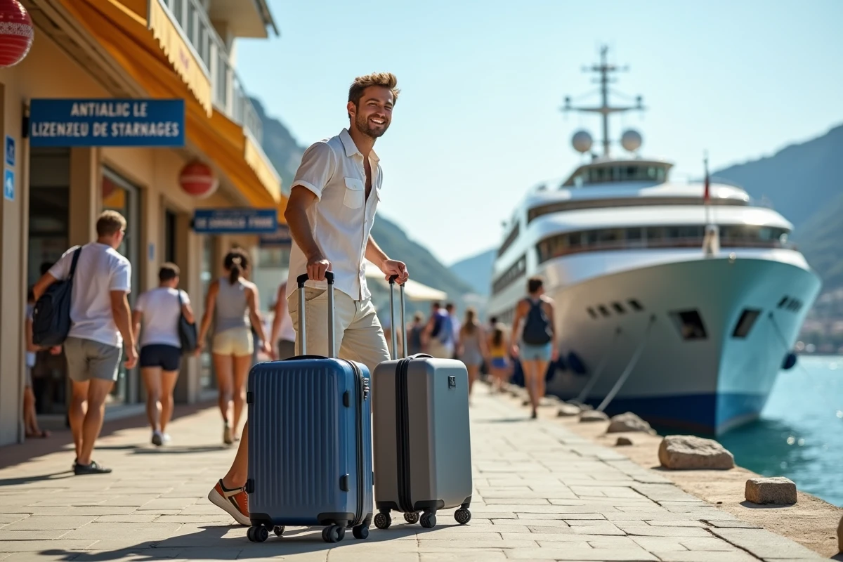 Jeune homme souriant avec valises au terminal en France