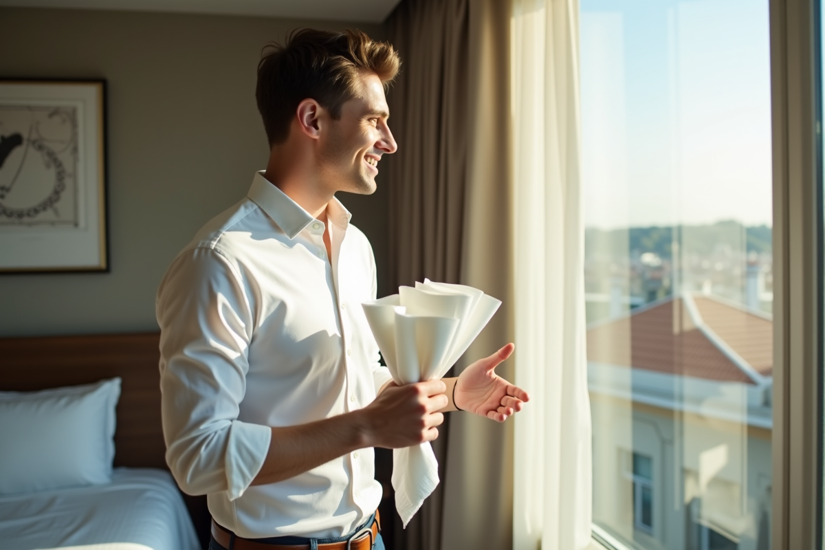 Jeune homme regardant la napkin blanche dans une chambre d