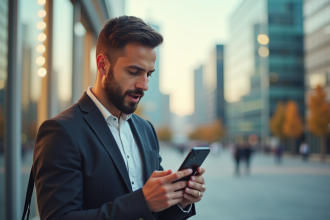 Jeune professionnel utilisant Bolt sur smartphone surpris par prix bas