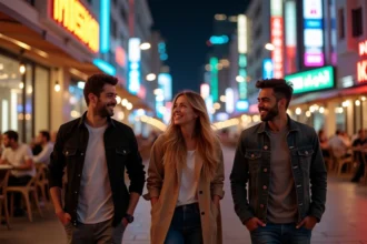 Groupe de jeunes adultes souriants dans la rue de Dubaï la nuit