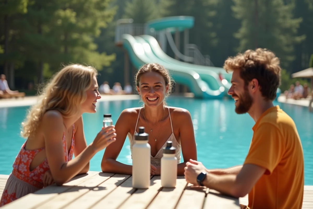 Jeunes adultes discutant près de la piscine au camping