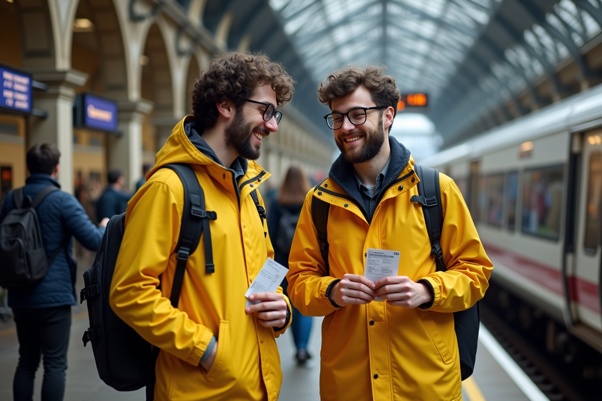 Jeunes hommes souriants sur une plateforme de train