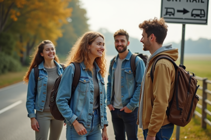 Groupe de jeunes voyageurs souriants à la campagne près d'un panneau covoiturage
