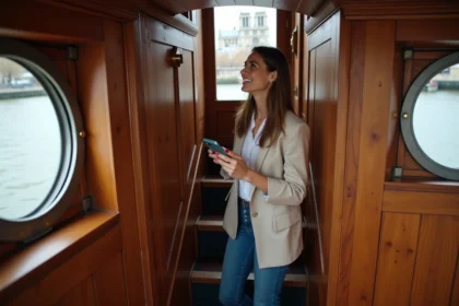 Femme découvrant un hébergement insolite sur une péniche parisienne via une application de réservation de dernière minute
