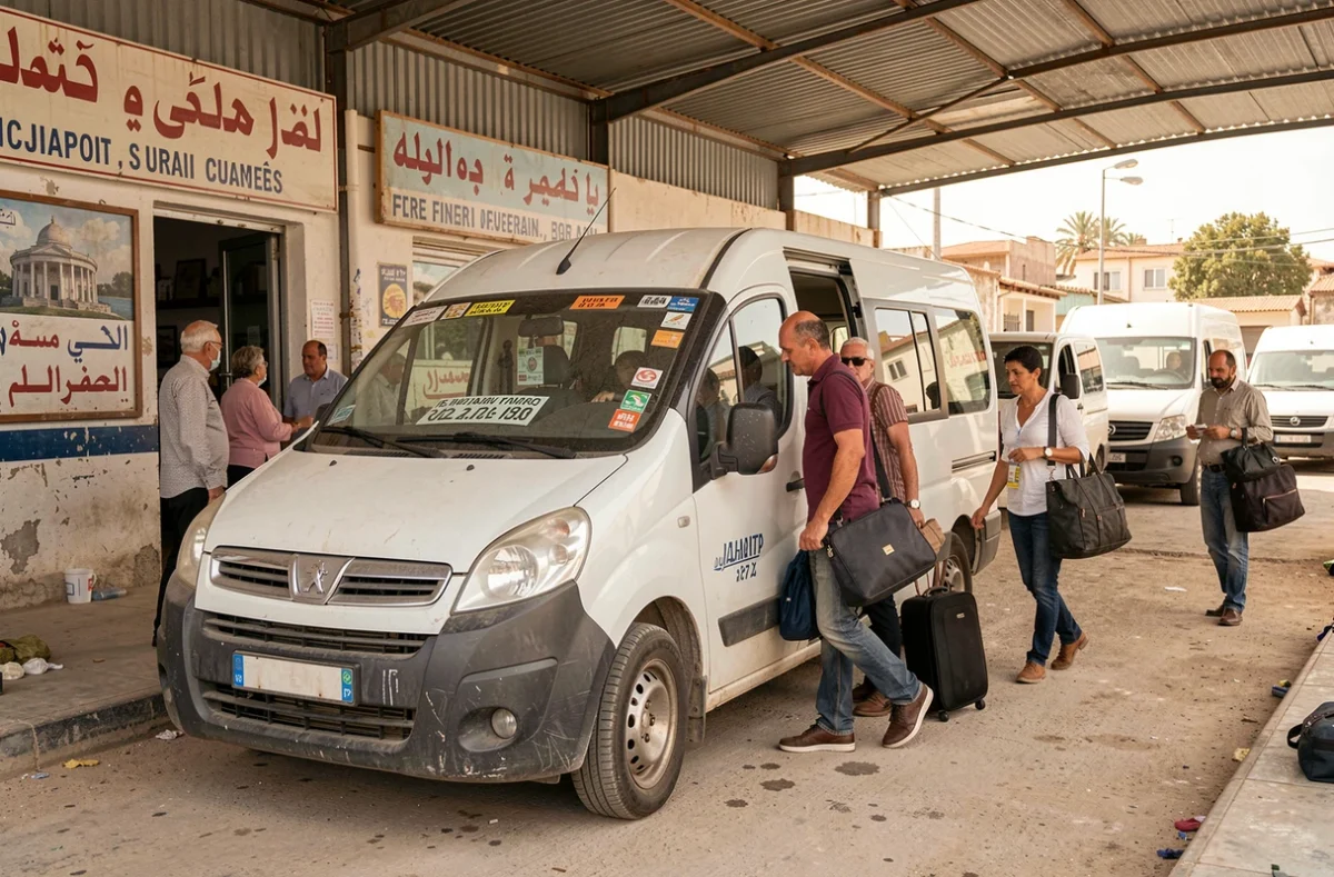 Louage tunisien blanc chargé de passagers dans une station de transport interurbain entre Monastir et Tunis