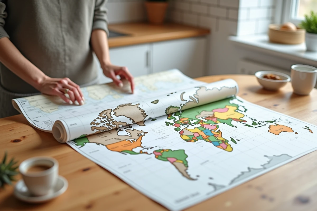 Mains déroulant une carte plastifiée des fuseaux horaires monde sur une table en bois dans une cuisine scandinave
