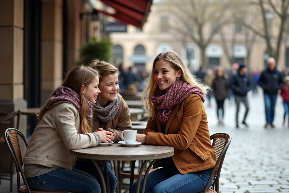 Maman et enfants discutant dans un café en ville