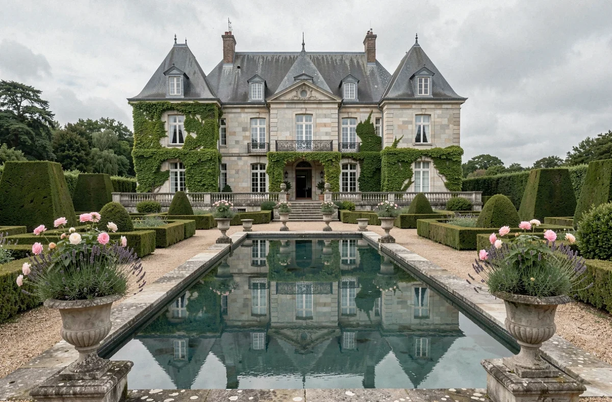 Piscine du Manoir de Kerhuel à Plonéour-Lanvern avec le manoir en granit en arrière-plan