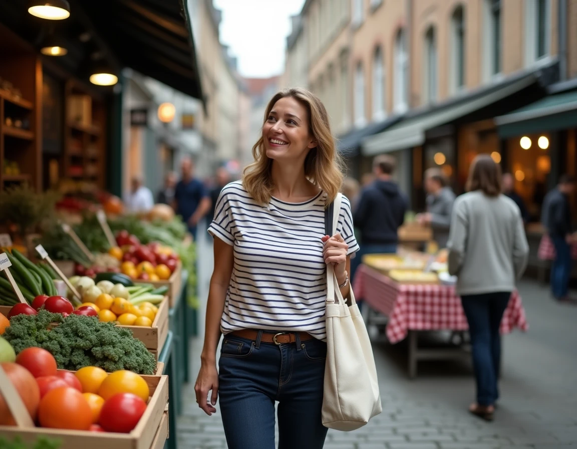 Femme explorant un marché matinal en plein air à Gand entre étals de légumes et fromages artisanaux sur une place historique flamande