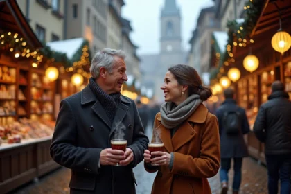Couple élégant se promenant au marché de Noël de Strasbourg avec vin chaud, cathédrale en arrière-plan enneigée