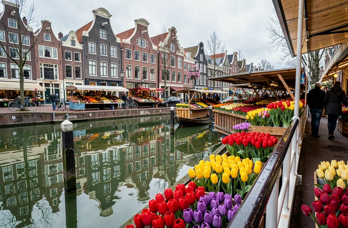 Marché aux tulipes sur un quai de canal à Amsterdam lors d'une escale de croisière fluviale