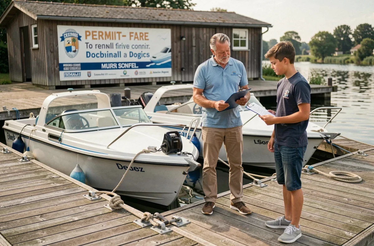 Employé de marina expliquant les commandes d'un bateau sans permis à une famille sur un ponton fluvial