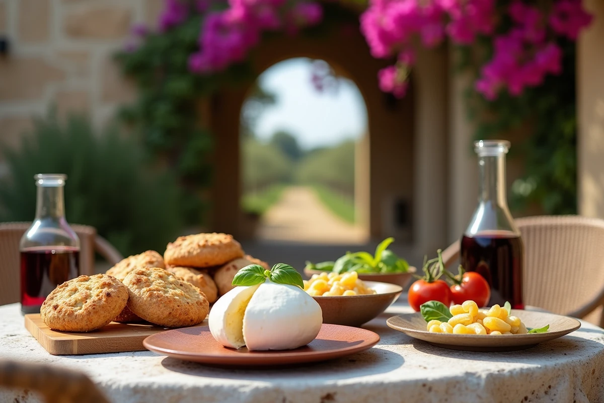 Table de déjeuner dans une masseria des Pouilles avec burrata, orecchiette, taralli et vin Primitivo