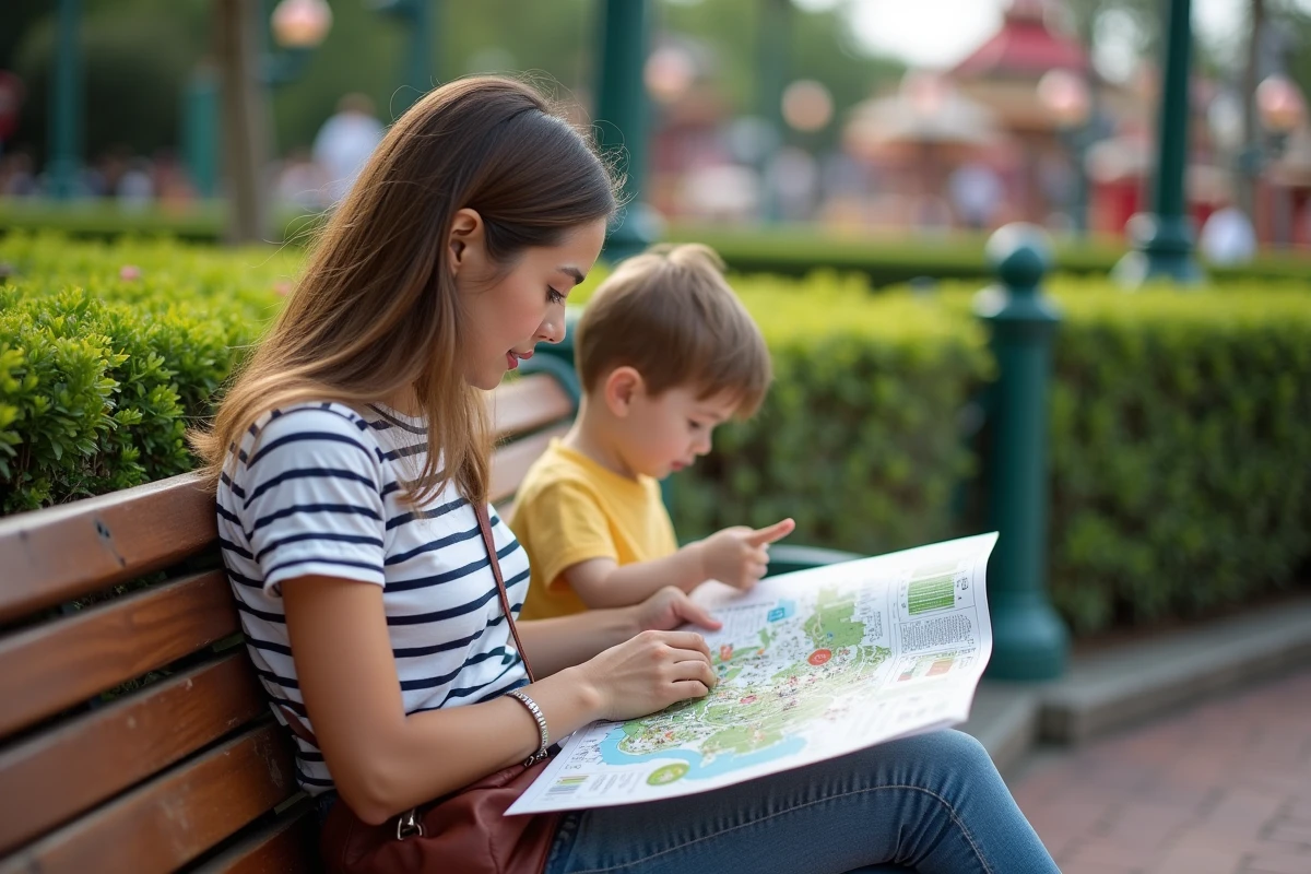 Mère et enfant étudiant un plan PDF d'Eurodisney assis sur un banc à l'intérieur du parc