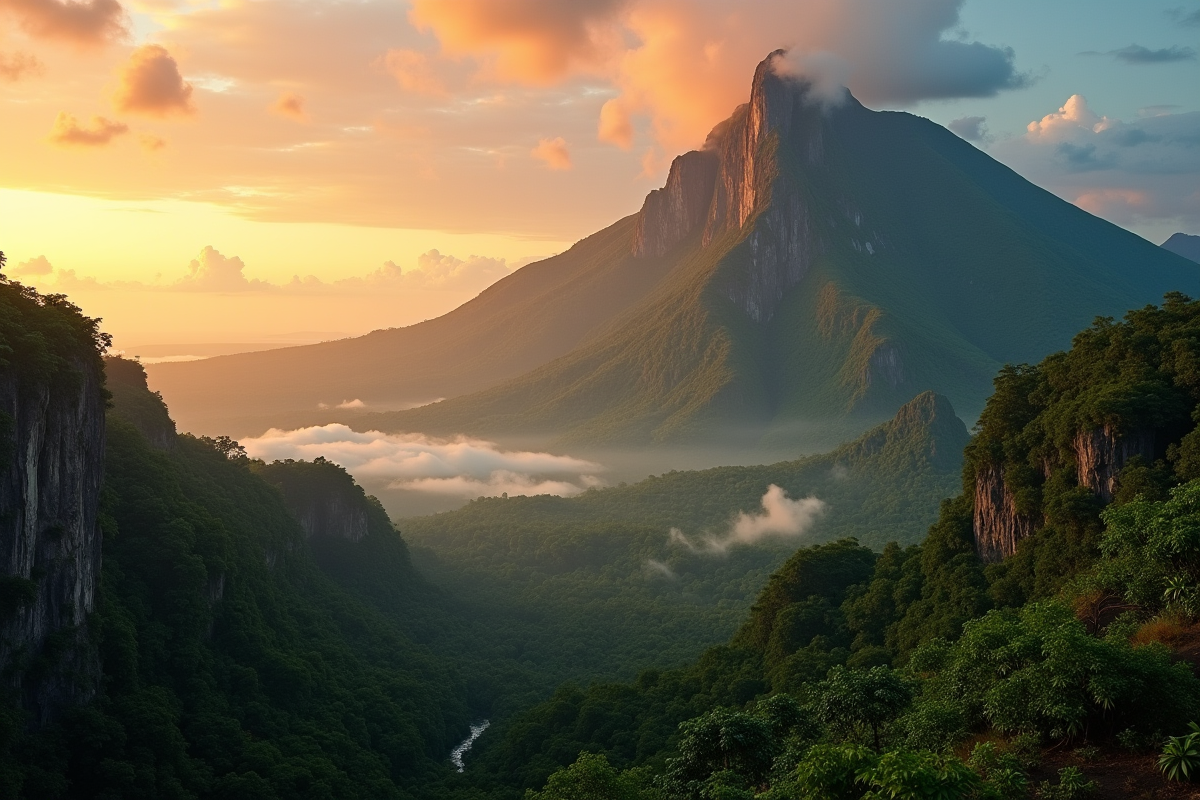 Mont Roraima au lever du soleil au-dessus de la forêt tropicale