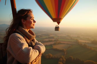 Jeune femme dans une montgolfière au lever du soleil