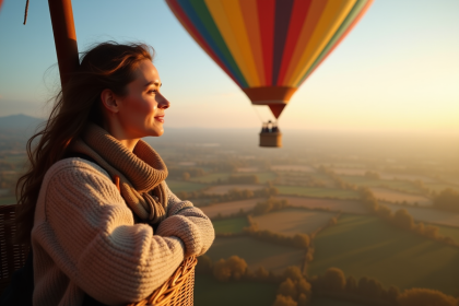 Jeune femme dans une montgolfière au lever du soleil
