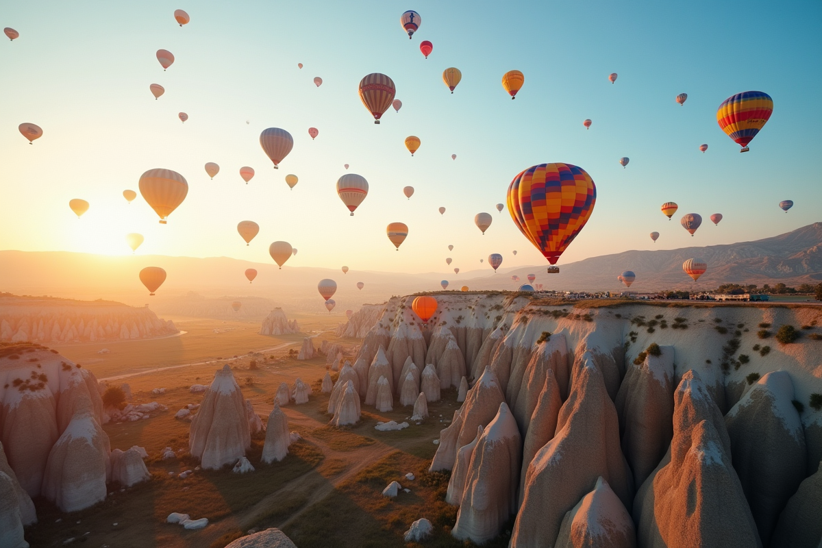 Montgolfieres colorées survolant cappadoce au lever du soleil