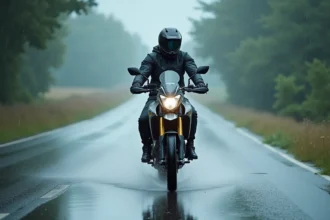 Motard en équipement imperméable roulant sous la pluie sur une route de campagne mouillée avec projections d'eau