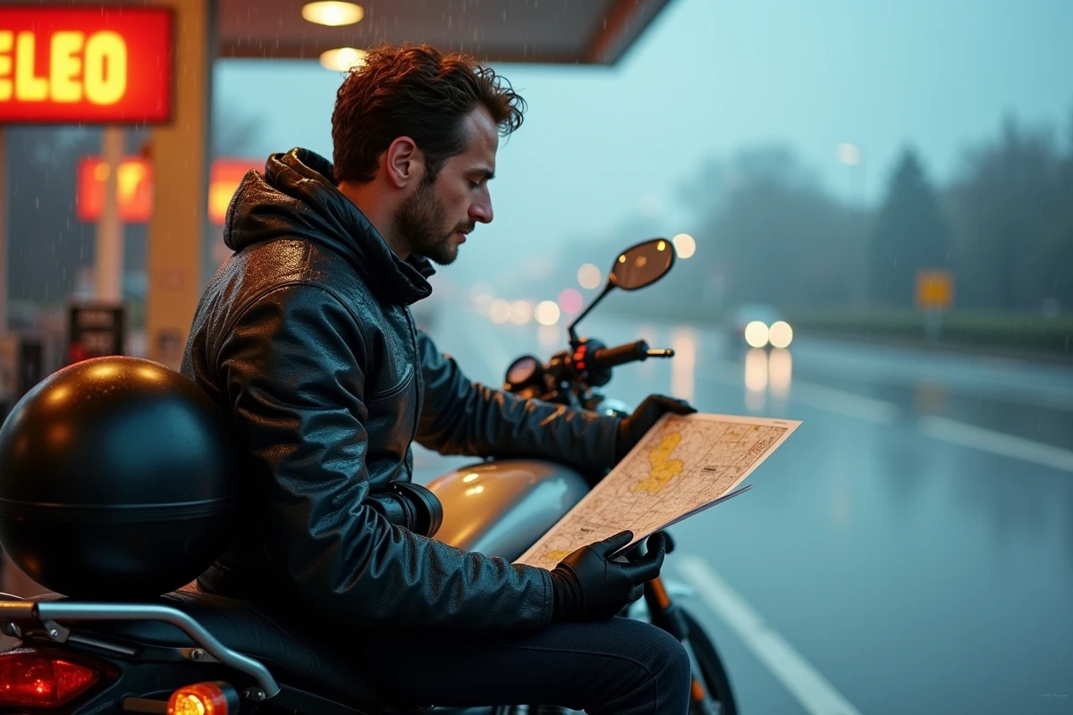 Motard consulte une carte routière sous un auvent de station-service sous la pluie lors d'un road trip